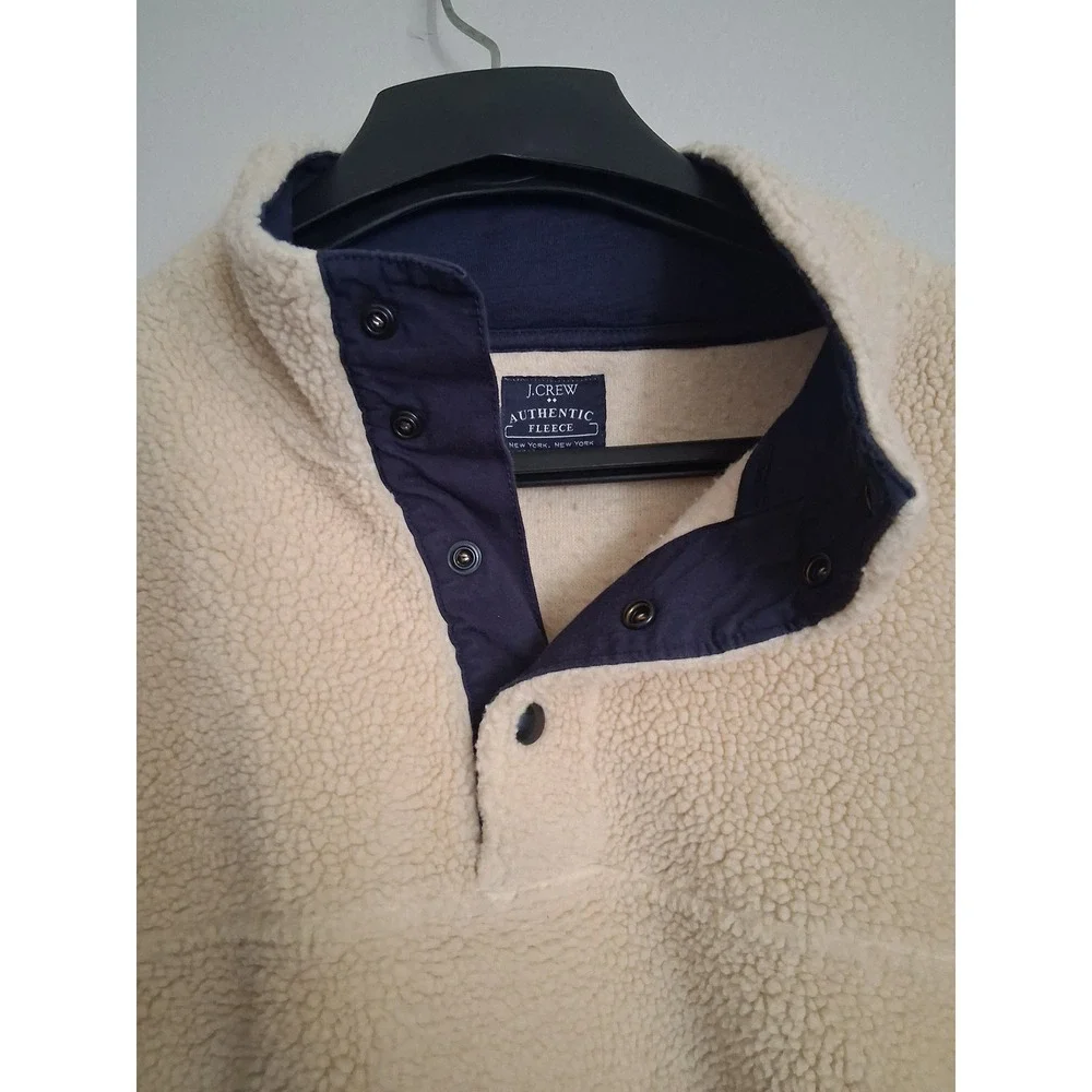 J.Crew Authentic Fleece Sherpa Pullover Cream Navy Blue Snap Mock Neck Mens L